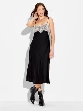 Vintage style Lace-Trim Satin Slip Dress in Black and Cream size XS-XL